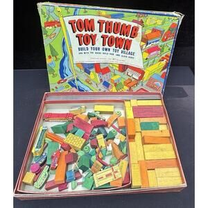 1937 TOM THUMB TOY TOWN Transogram Gold Medal toy wooden blocks buildings car